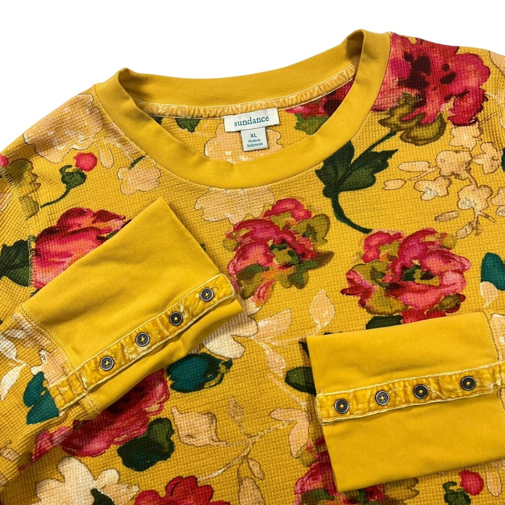 Sundance Loretta Floral Thermal Top Womens XL Yellow Pink Waffle Velvet Cuff